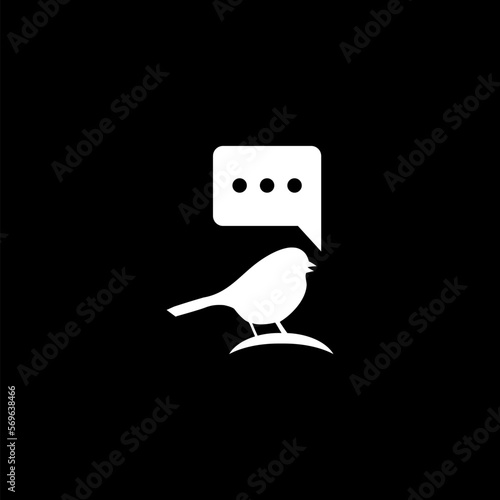 Bird with speech bubble icon isolated on black background.