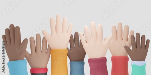 Group of hands reaching in the air. 3D cartoon style 3d rendering illustration.