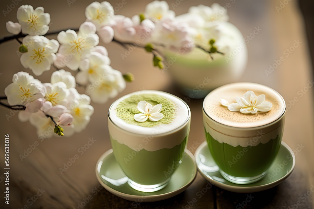 Artistic beautiful romance two cups of green tea or coffee with cherry blossom flower branch, spring season and national spring festival theme drink, idea for background or wallpaper, generative Ai Artistic beautiful romance two cups of green tea or coffee with cherry blossom flower branch, spring season and national spring festival theme drink, idea for background or wallpaper, generative Ai