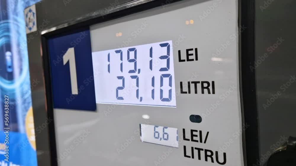 Gasoline pump details in litres and Romanian currency while fueling a car. Gasoline pump details in litres and Romanian currency while fueling a car.