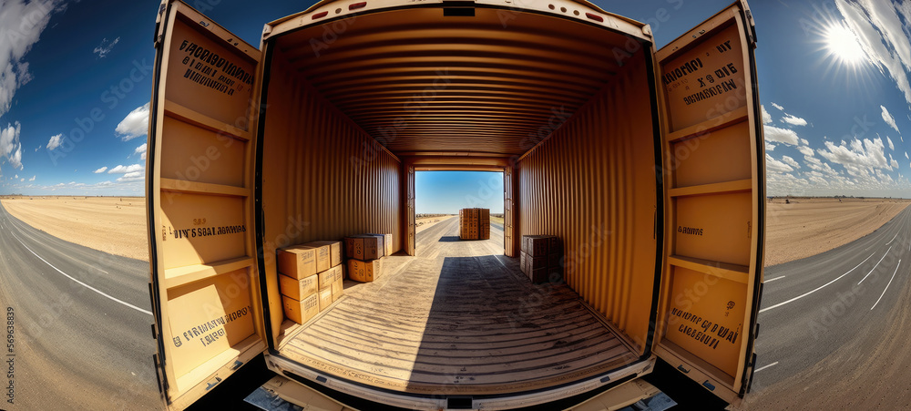 Obraz premium Wide angle view on empty container in the middle of the road. Generative AI