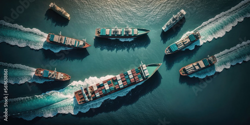 Above view over multiple cargo ships stuck in traffic jam and waiting  for unload. Generative AI