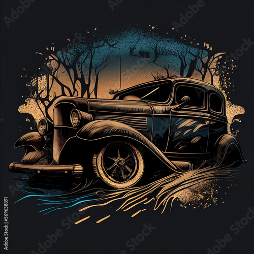 old car illustration for shirt design ,generative ai technology