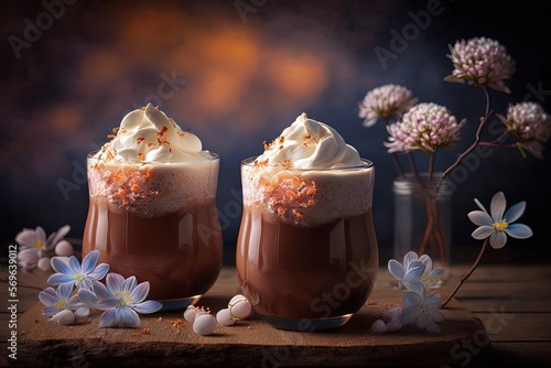 Photographie Artistic beautiful romance hot chocolate with whipped cream beverage serve in gl