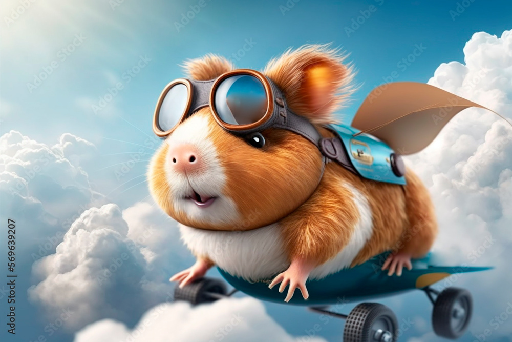 Cute funny illustration of flying guinea pig in fantasy world with