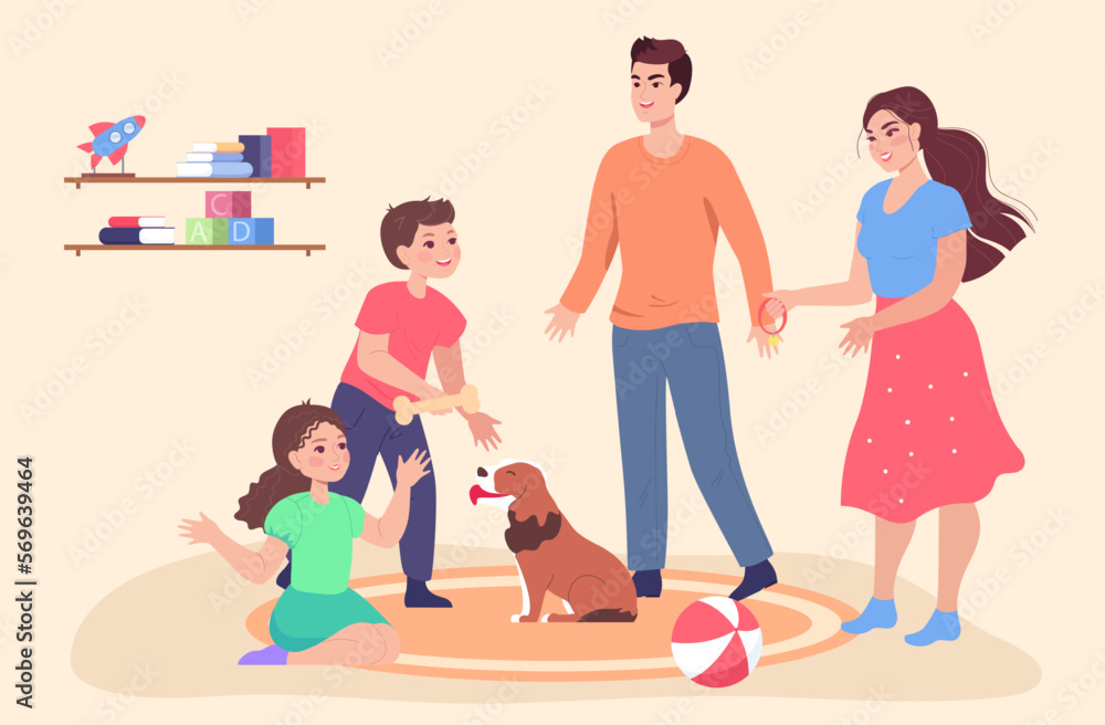 Happy cartoon mother, father and kids playing with dog at home. Parents, boy and girl having fun with puppy flat vector illustration. Family, love, care, pets concept for banner or landing web page Happy cartoon mother, father and kids playing with dog at home. Parents, boy and girl having fun with puppy flat vector illustration. Family, love, care, pets concept for banner or landing web page