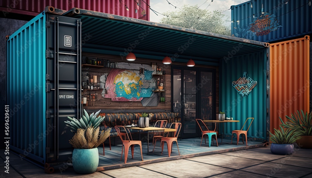 Fototapeta premium modern contemporary restaurant or cafe made from shipping container, Asian theme, Generative Ai