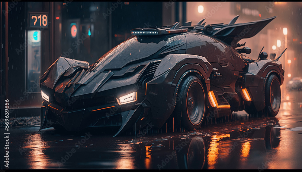 Futuristic scifi cyberpunk car with neon lights at night. Generative