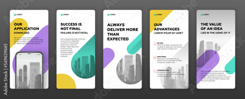 Social media stories templates set with cityscape vector illustration on background. Instagram stories vector layout design. Tiktok template.