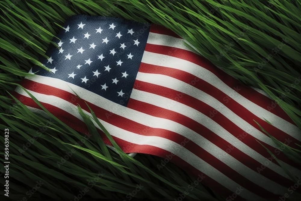 an american flag laying in the grass with the sun shining on it's face ...