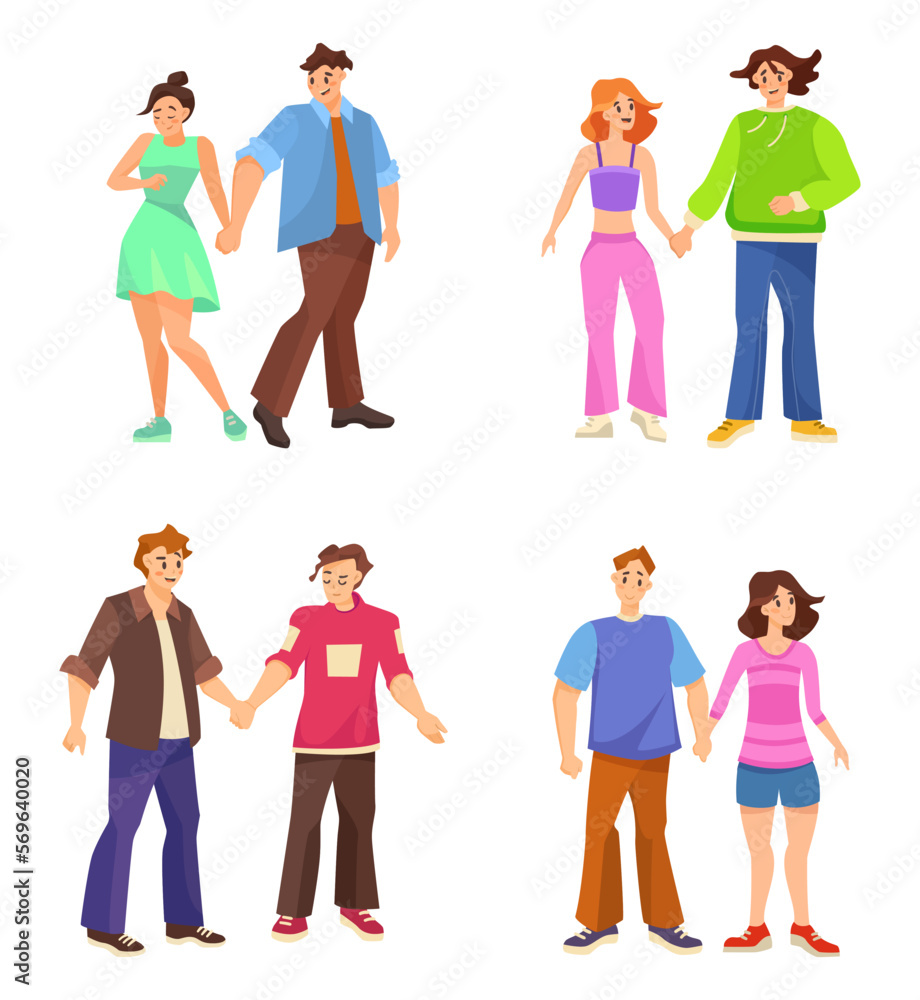 Happy teen boys and girls holding hands vector illustrations set. Boyfriend and girlfriend characters standing together isolated on white background. Romance, love, relationship, Valentine day concept Happy teen boys and girls holding hands vector illustrations set. Boyfriend and girlfriend characters standing together isolated on white background. Romance, love, relationship, Valentine day concept
