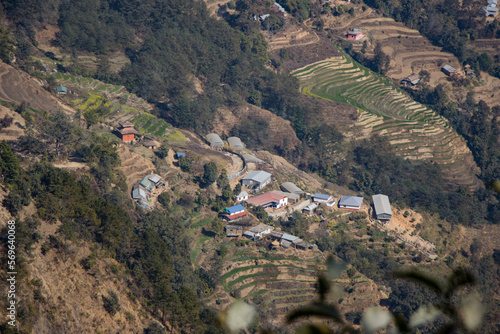 Tiny Village of Bhotechaur with HImalayas in the Background photo