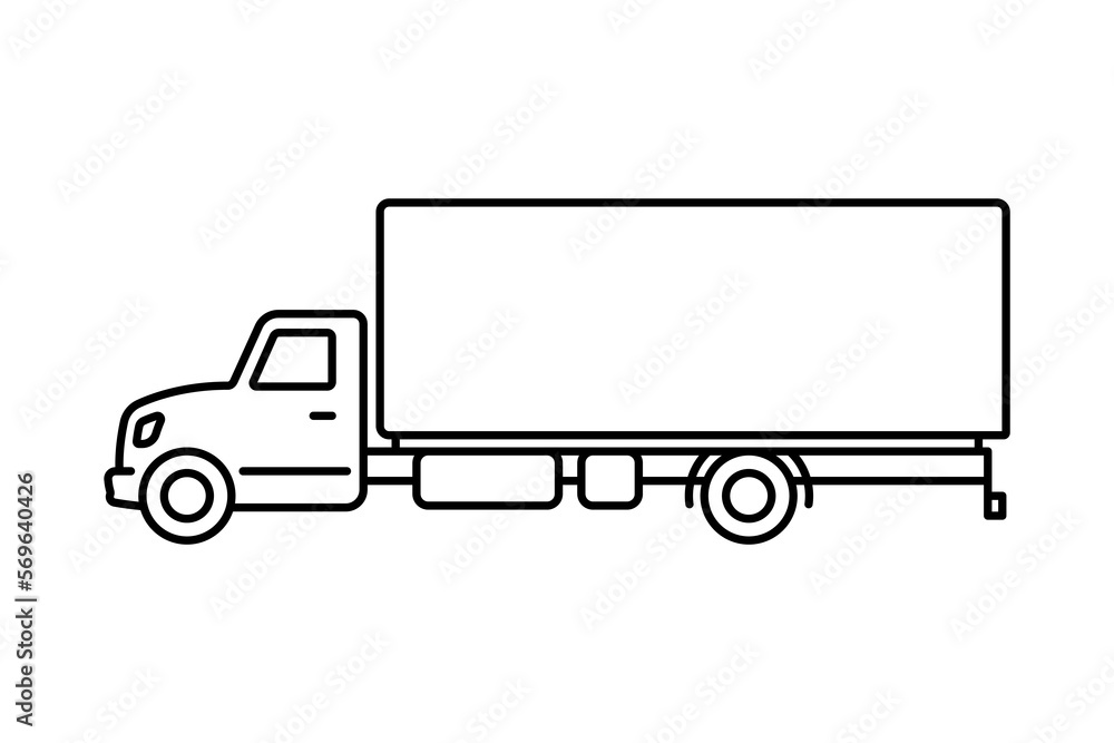 Truck icon. Black contour linear silhouette. Side view. Editable strokes. Vector simple flat graphic illustration. Isolated object on a white background. Isolate. Truck icon. Black contour linear silhouette. Side view. Editable strokes. Vector simple flat graphic illustration. Isolated object on a white background. Isolate.