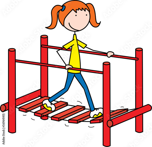 Happy Kid waking on suspended bridge