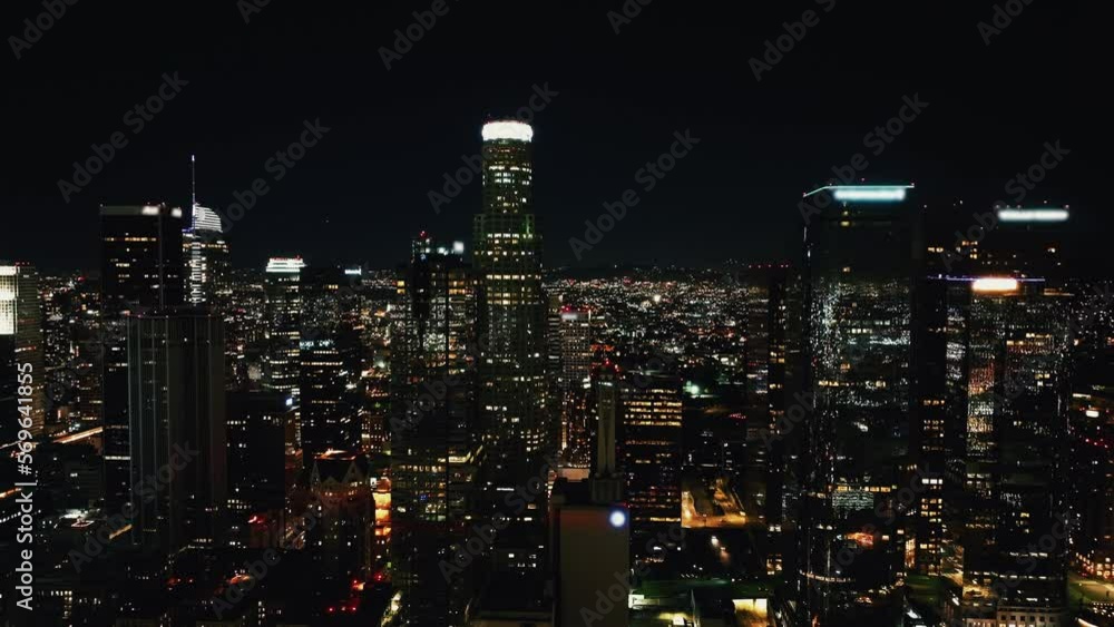 Aerial panoramic view of Los Angeles downtown at night. Aerial Shoot, Night Los Angeles, Amazing Landscape, California, City Lights. The iconic Los Angeles skyline cityscape. Downtown Los Angeles. Aerial panoramic view of Los Angeles downtown at night. Aerial Shoot, Night Los Angeles, Amazing Landscape, California, City Lights. The iconic Los Angeles skyline cityscape. Downtown Los Angeles.