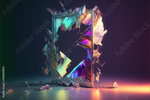 Broken mirror, neon colorful, phantasmal iridescent created with generative ai technology