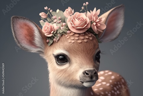 Beautiful deer with flower crown. Wildlife colorful portrait wallpaper. Wild animal Generative AI.