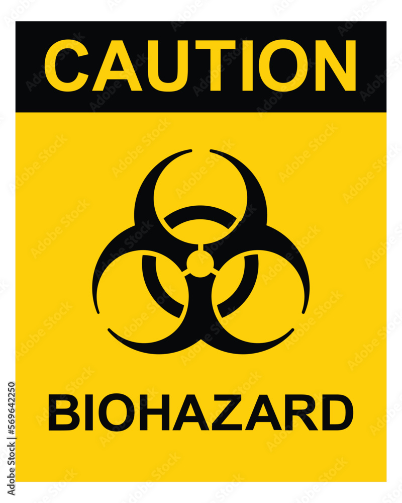 Obraz premium Caution biohazard, black and yellow sign. Caution sign with biohazard symbol and text, vector illustration