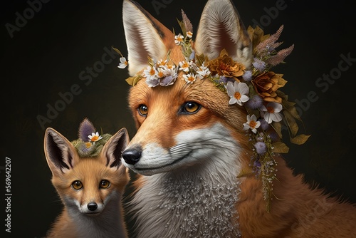 Beautiful fox mother and baby fox animals with flower crown. Wildlife Mother’s Day greeting poster Generative AI.