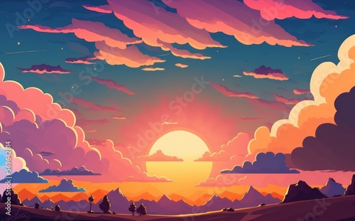 Huge panorama of the sun setting  sunrise  and the sky at dusk with colorful clouds. Generative AI
