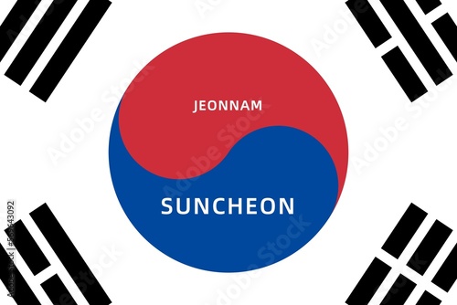 Suncheon: Name der südkoreanischen Stadt Suncheon in der Provinz Jeonnam auf der Flagge von Südkorea photo
