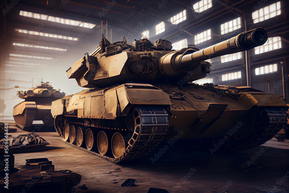 Production of the military tank plant production of the military industry and new technologies in military equipment, modern tanks battle in the military zone of conflict. Generative AI Production of the military tank plant production of the military industry and new technologies in military equipment, modern tanks battle in the military zone of conflict. Generative AI