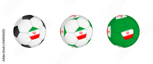Collection football ball with the Iran flag. Soccer equipment mockup with flag in three distinct configurations.