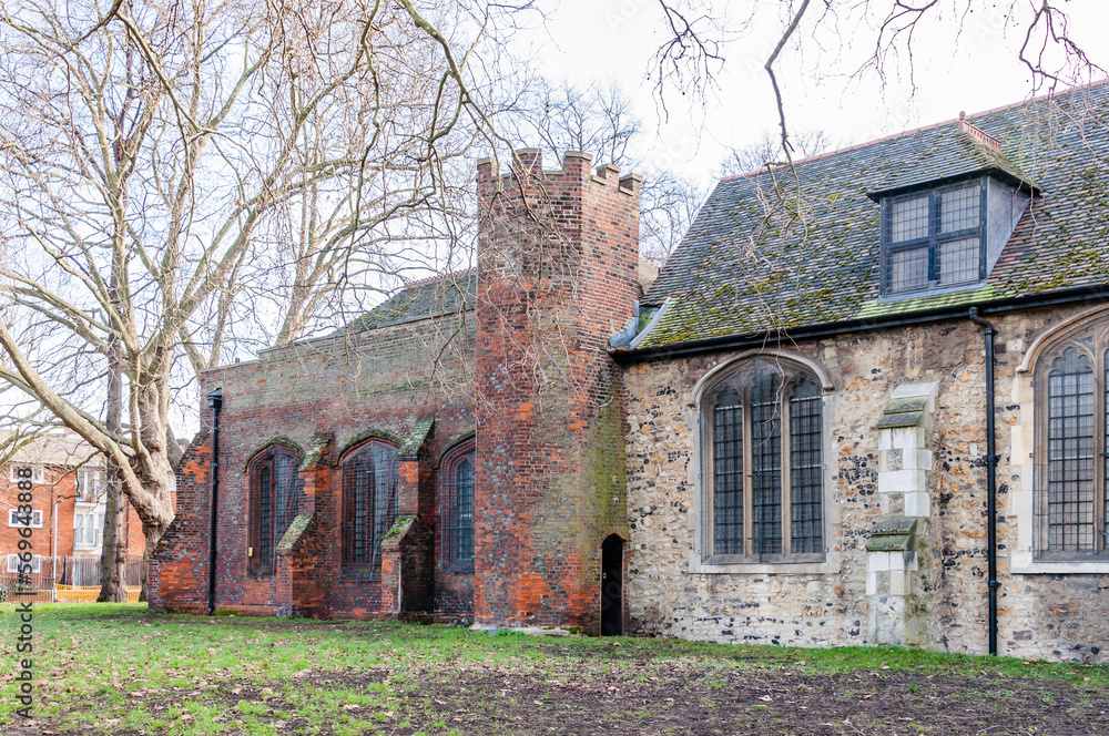 Fototapeta premium London, United Kingdom, 30 January 2023: Door of All Saints, West Ham is the cathedral church of Newham, and Christian worship has thrived here since 1130 