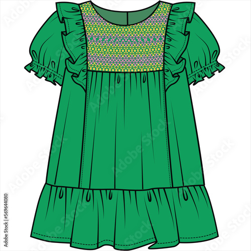 PUFF SLEEVES WOVEN DRESS WITH FRILL AND COLORFUL THREAD SMOCKING DETAIL FOR KID GIRLS AND TODDLER GIRLS IN VECTOR ILLUSTRATION