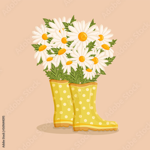 Bouquet of white chamomile flowers in yellow rain boots. Spring composition for Women's Day, Mother's Day, Valentine's Day and other holidays. Spring floral design isolated vector illustration.