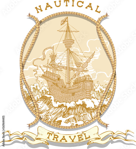 vector image of the emblem of sea voyages, regattas, cruises in the style of retro graphic line art
