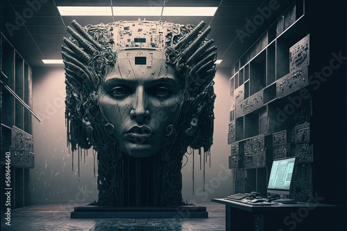 Future with Artificial Intelligencel: HUman-faced robot in futuristic control room photo