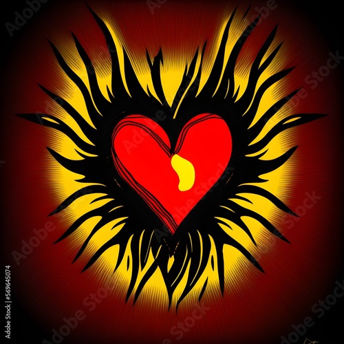 flaming heart  love  valentine s day  heart  illustration  generative ai  generative  ai  red  yellow  black  vibrant colors