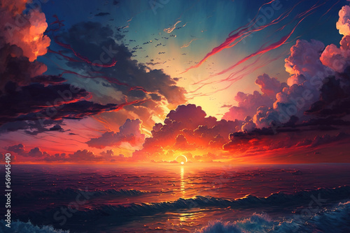 Beautiful art ocean waves with sunset and clouds horizon landscape. Generative AI. © angelmaxmixam