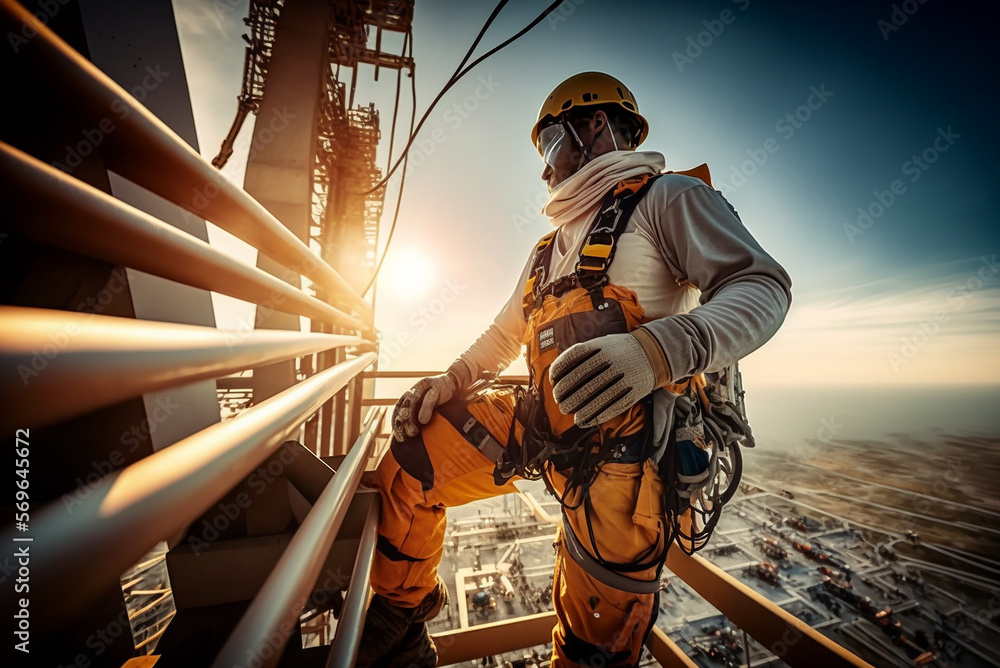 construction engineer worker at heights,architecture sci-fi construction  working platform on top of building, suspended cables, fall protection and  scaffolding installation,generative ai. Illustration Stock | Adobe Stock