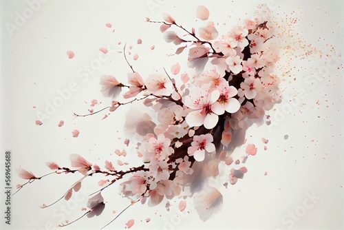 pink cherry blossom Sakura flower and petals floating in the air with soft white background, generative AI Art