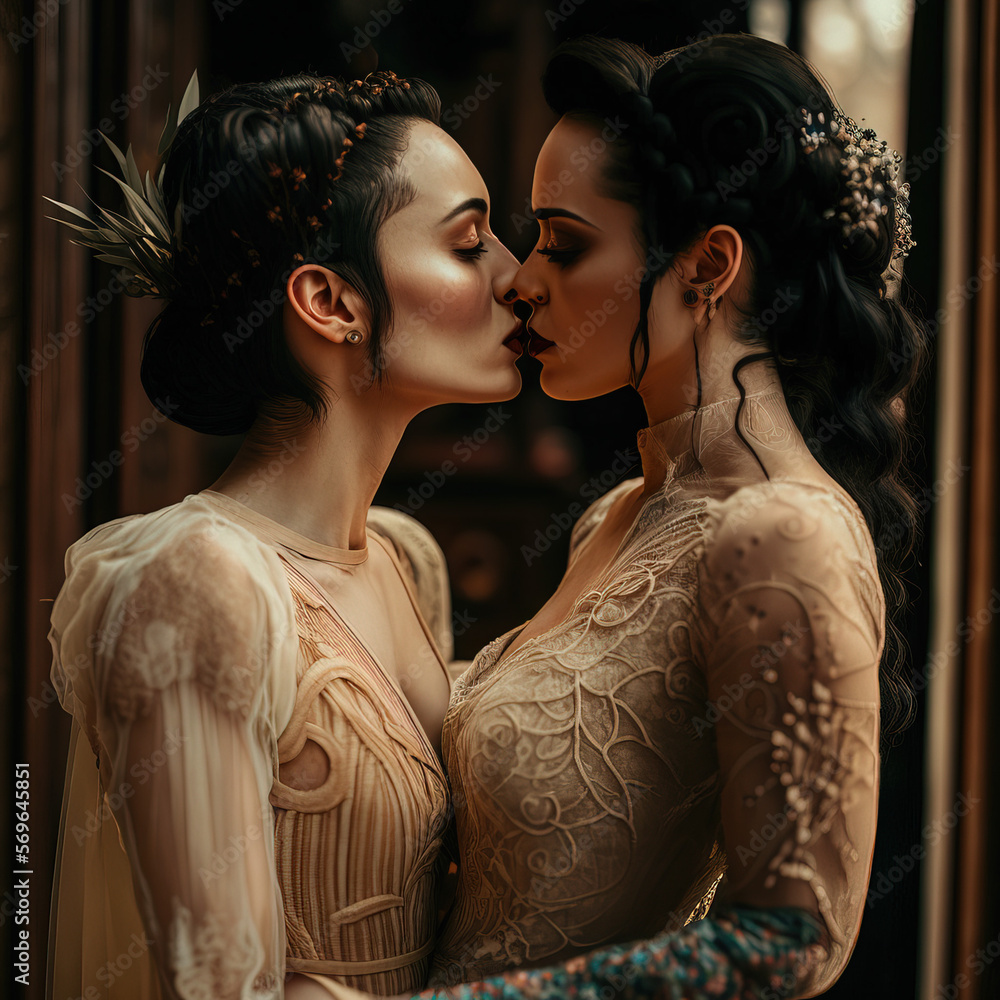 : sensual photo of two beautiful women kissing on the mouth languidly