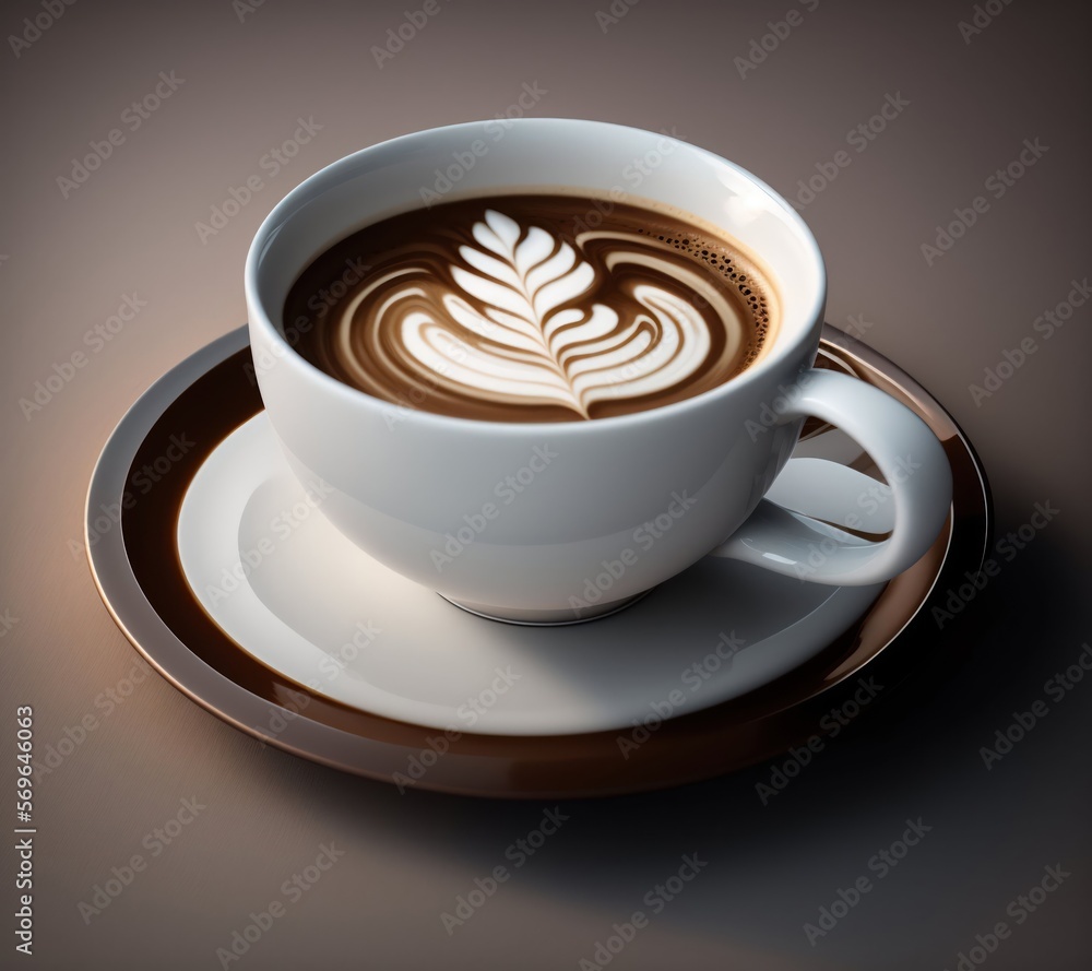 Une tasse à café au lait et sa soucoupe sur une table bois - generative AI Une tasse à café au lait et sa soucoupe sur une table bois - generative AI