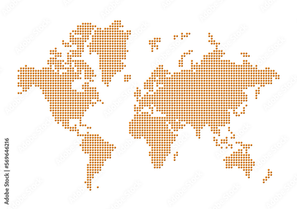 World map made of orange dots. Isolated on transparent background