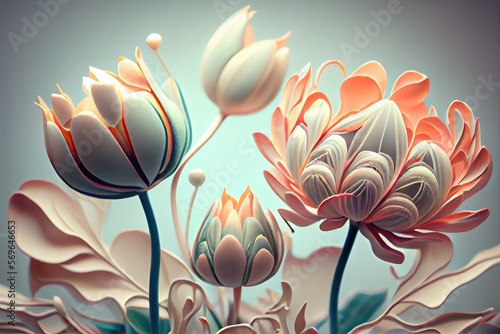 3D abstract pink and white tulips, generative AI Art