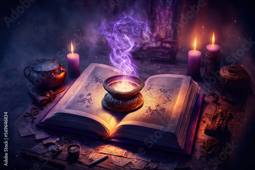 Photo Magic opened old book on the desk with candles and purple smoke
