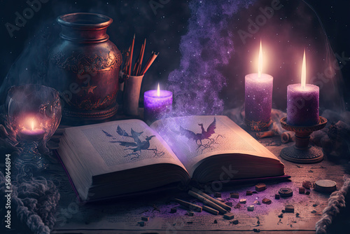 Fototapete Magic old book of witchcraft with candles on the table