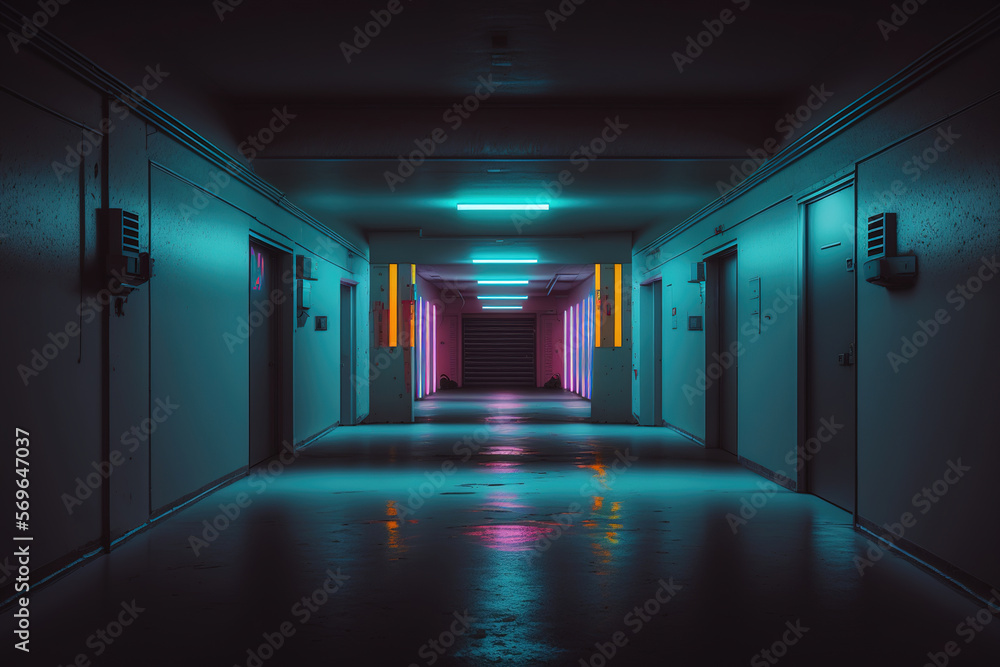 hallway with neon glowing light.Generative Ai