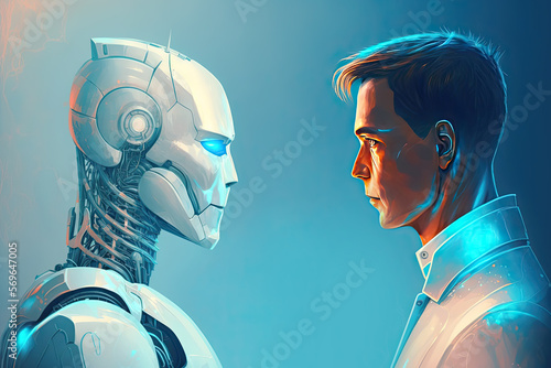 Robot and Man looking at each other. Evolution concept. Human future. Generative AI