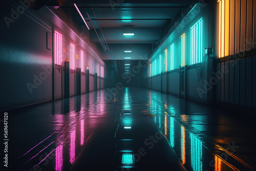 hallway with neon glowing light.Generative Ai