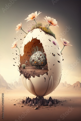 Dali Style Egg In The Middle Of The Desert With Mountains In The Background 