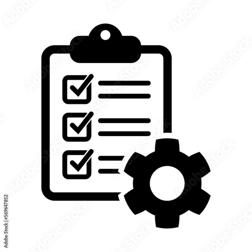 Clipboard and gear icon. Project management concept flat style. Technical support check list with cog. Software development concept. Vector illustration for web and app.