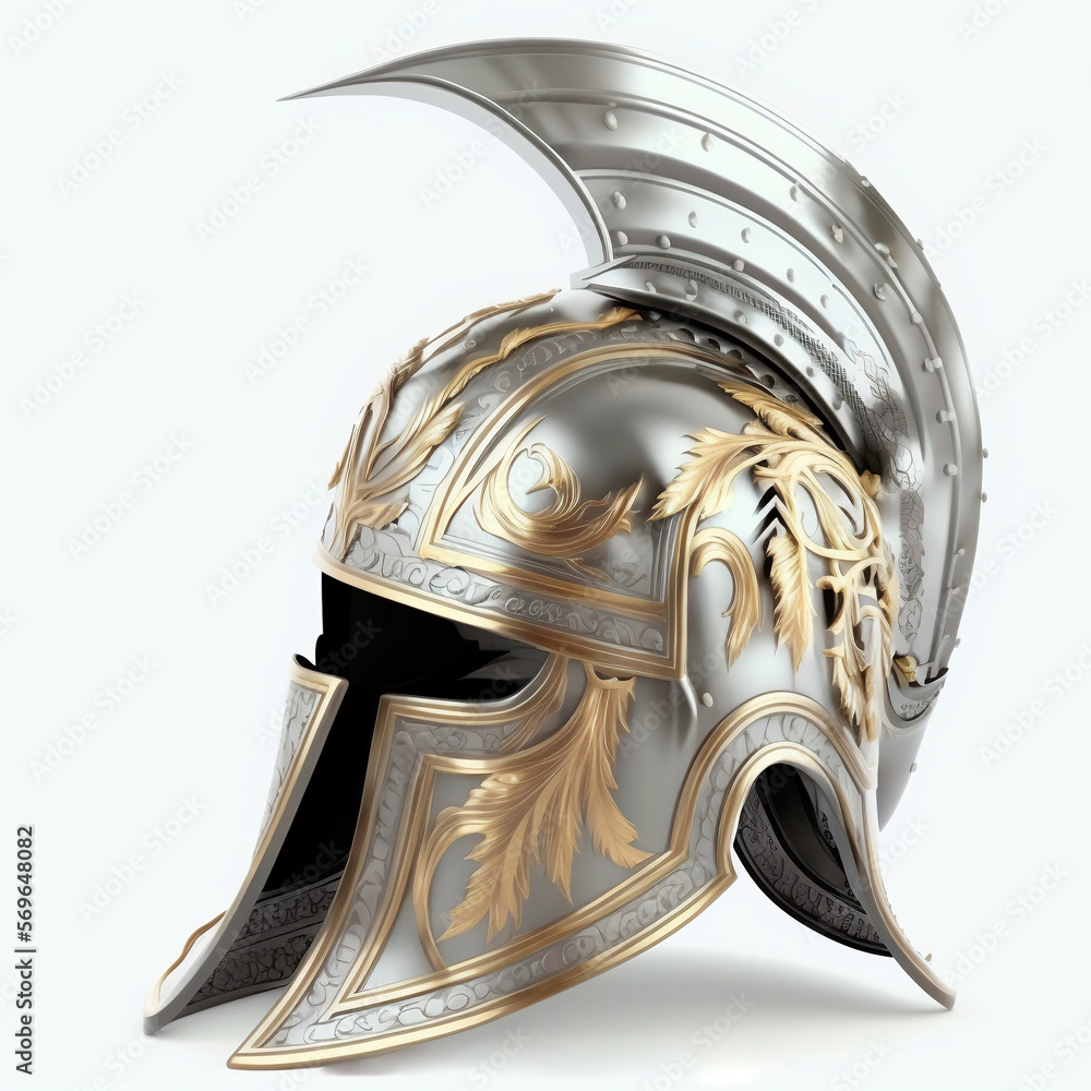 Armor warrior helmet design, metallic and shiny, isolated on white background.