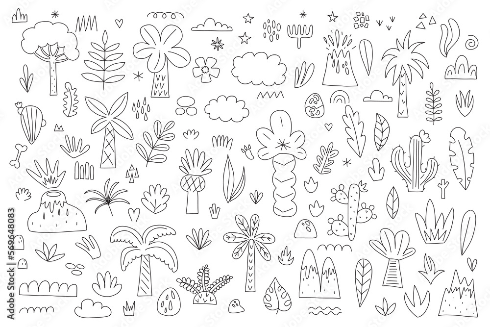 Large floral set of black hand drawn tropical plants, bushes, leaves, branches, mountains isolated on white. Collection of prosperity elements for design. Vector illustration.