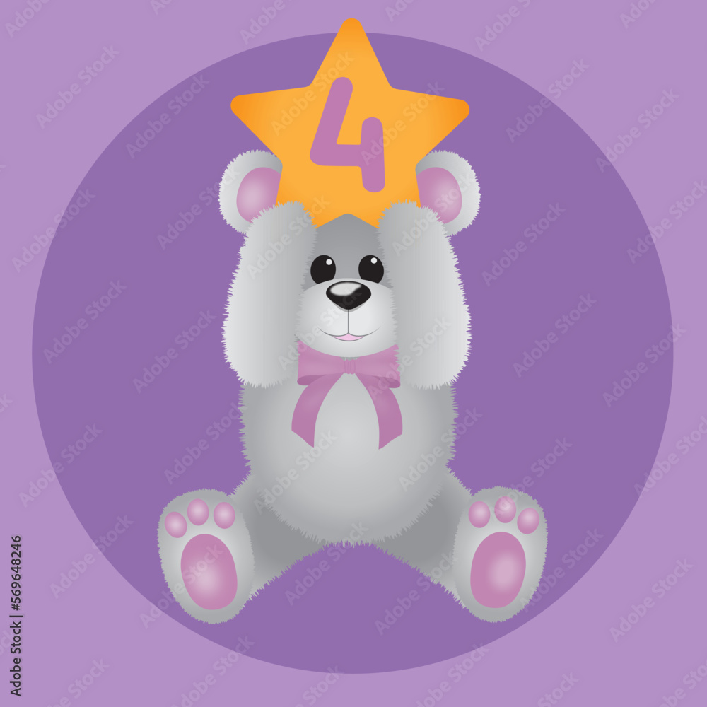 Fototapeta premium Pink Teddy Bear Birthday 4 years. Vector Illustration